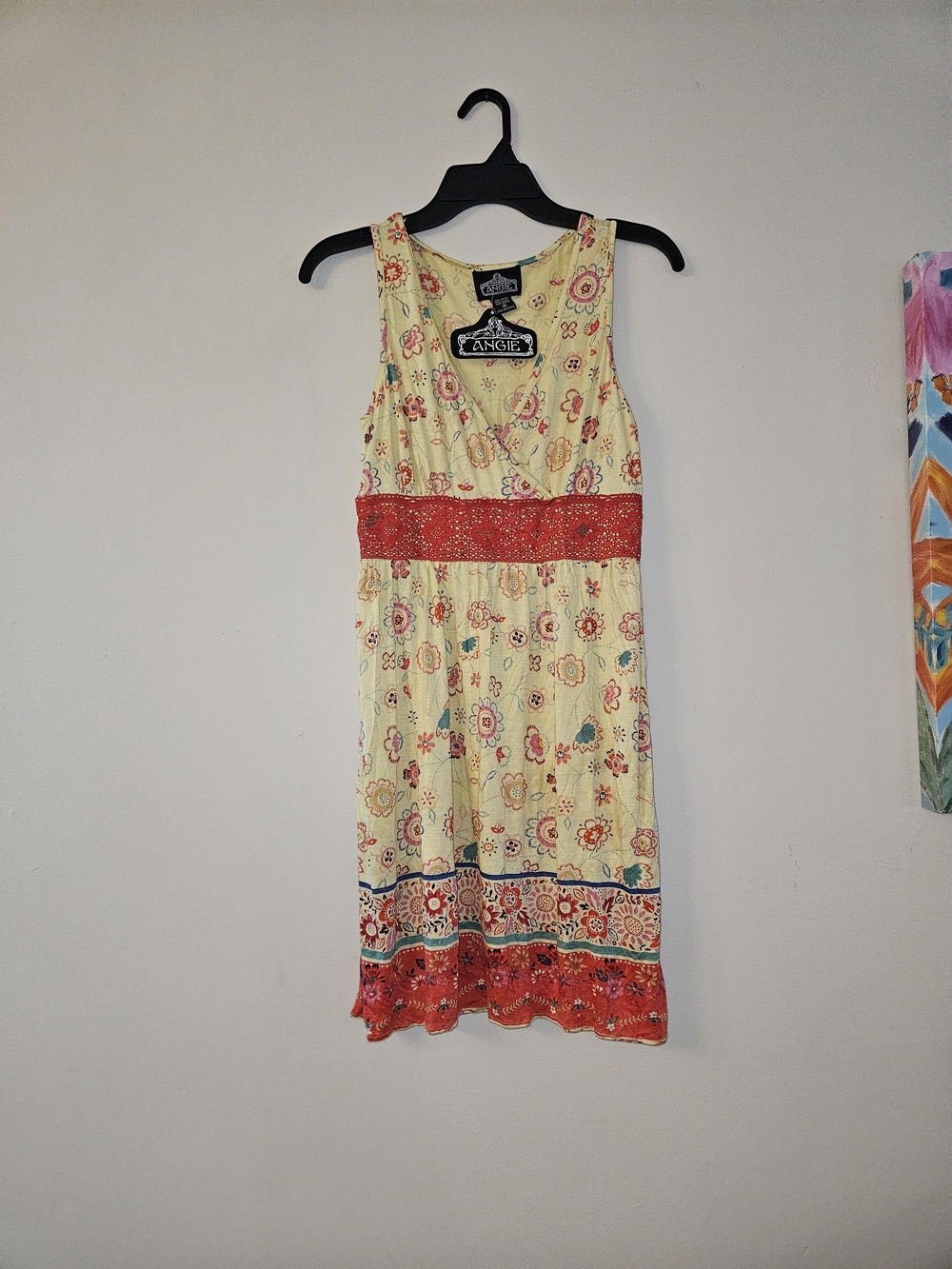Angie Yellow Floral Sleeveless Sundress with Red Trim